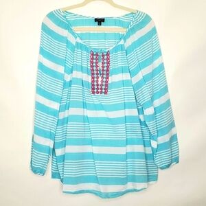 Talbots Woman Beaded Striped Top Size 2X Blue White Cotton Boho Popover Coastal